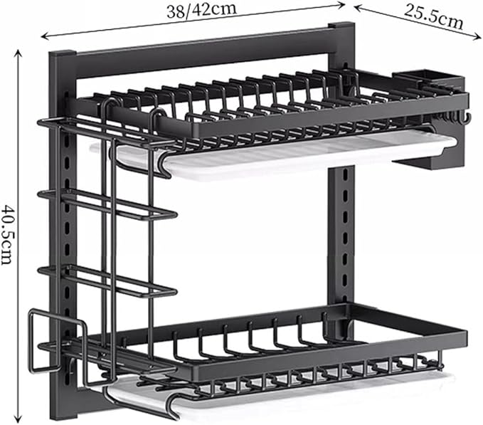 Wall Mounted Dish Drying Rack,Large Dish Drainer Drying Rack for Kitchen Counter,Multi-Level Kitchen Organizer with Drainboard Double-Layer Model(White,2 Tier 38cm)