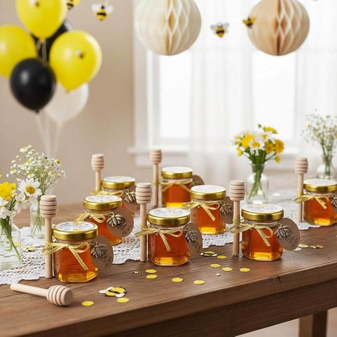 Ahhute Honey Pot, Mini Honey Jars with Dipper, Glass Honey Jars Baby Shower Favors, Party Favors & Wedding Favors, Lid, Bee Pendants, Gold Fabric Ribbons and Gold Organza Bags, 40 Pack 1.5oz