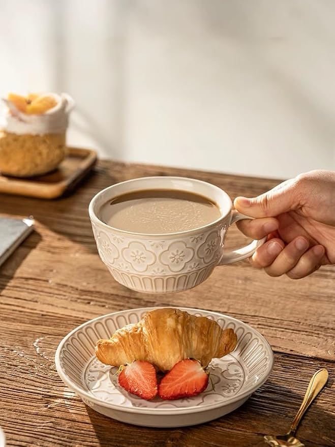 LOWYEPAULHO Cappuccino Cups with Saucers, 5''Ceramic Coffee Cup and Saucer set for Au Lait, Double shot, Latte, Cafe Mocha,Set of 4