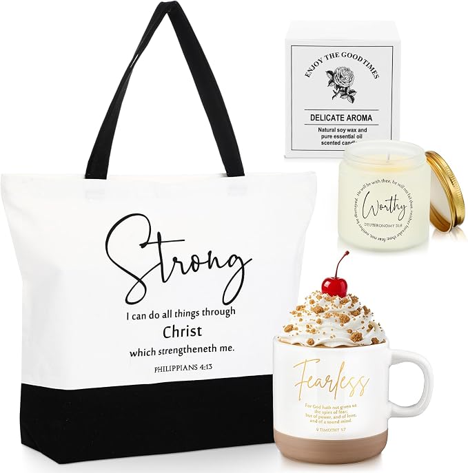 LemonRoad 3 Pcs Christian Gift for Women Inspirational Large Handle Bag Ceramics Coffee Mug Religious Scented Religious Gift for Grandparent Vbs Church Party