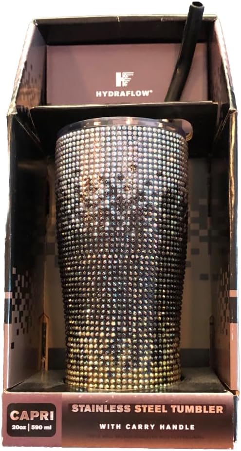 HYDRAFLOW Capri BLING - 20oz Tumbler with Straw - Triple Wall Vacuum Insulated Insulated Travel Cup - Stainless Steel - Reusable Cup with Dual Lid (Geometric Bling Rhinestone)
