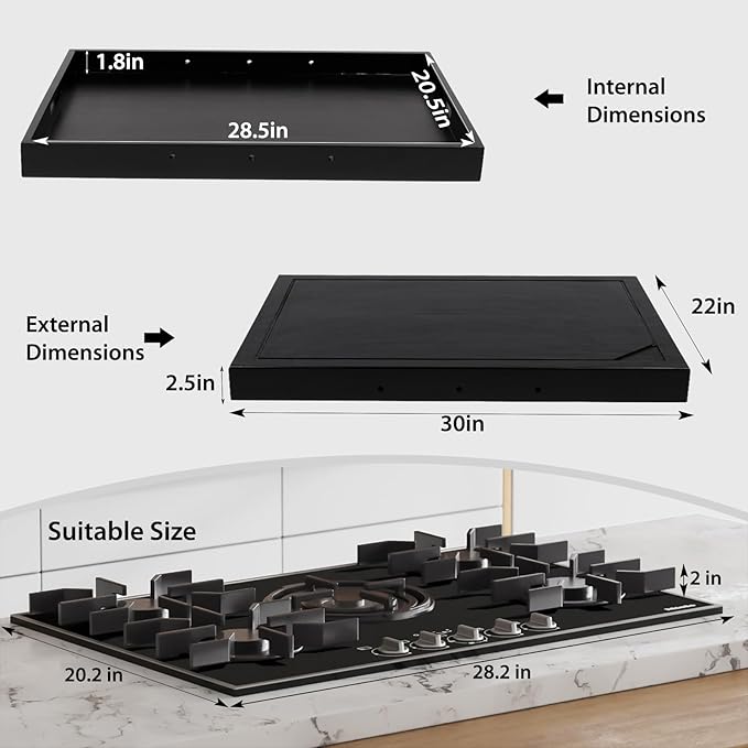 Wooden Stove Top Covers for Gas Burner and Electric Stove, Glass Cooktop Protector, Wood Noodle Board Stovetop Cover With Handles, Black