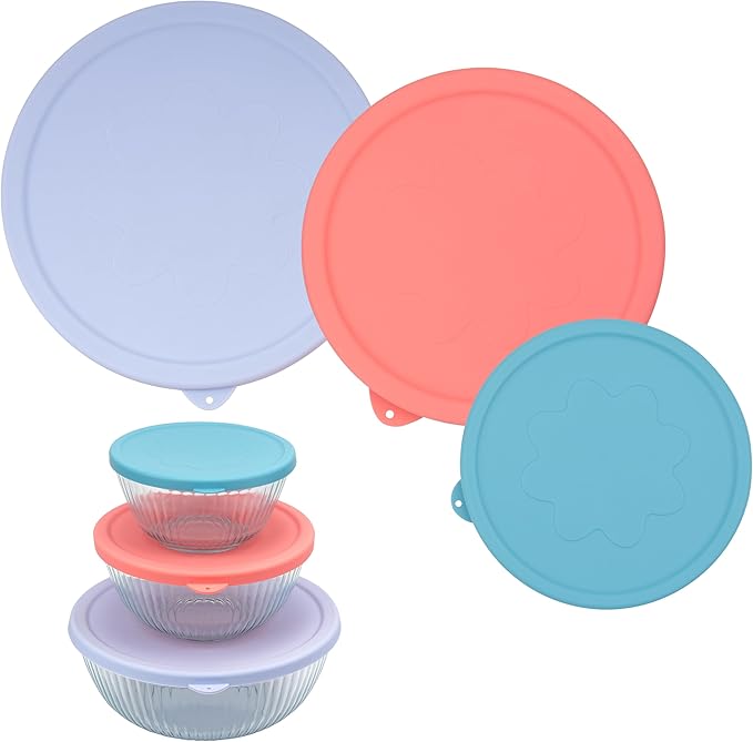 3 Pack Silicone Replacement Lids for Pyrex 7402-S 1.3 Qt, 7403-S 2.3 Qt, 7404-S 4.5 Qt Sculpted Tinted Glass Mixing Bowls (BOWL NOT INCLUDED)