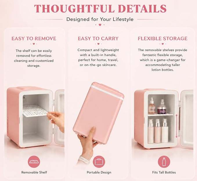 4 L / 6 Cans mini skincare fridge with Dimmable LED Light Mirror, Mini Fridge for Skin Care, Cosmetics, Beverage, Beauty Fridge for College Dorm, Office, Home, Car, Travel cooler and warmer (pink)
