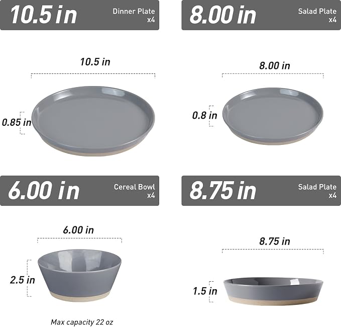 Famiware Saturn 16 Pieces Plates and Double Bowls Sets for 4, Stoneware Dinnerware Set with Pasta Bowl, Dish Set with Trim - Chip & Scratch Resistant, Microwave & Dishwasher Safe, Dark Gray