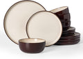 Famiware Milkyway Stoneware Dinnerware Set, 12-Piece, Double Reactive Glaze, Plates and Bowls, Service for 4, Microwave and Dishwasher Safe, Scratch-Resistant, Light khaki & Cocoa