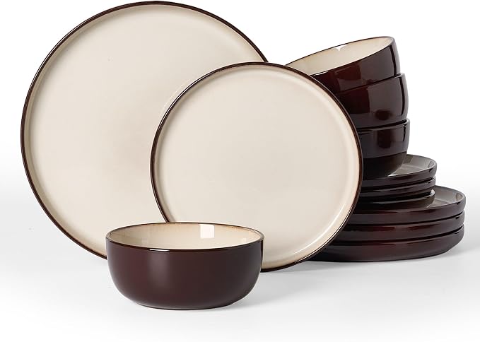 Famiware Milkyway Stoneware Dinnerware Set, 12-Piece, Double Reactive Glaze, Plates and Bowls, Service for 4, Microwave and Dishwasher Safe, Scratch-Resistant, Light khaki & Cocoa