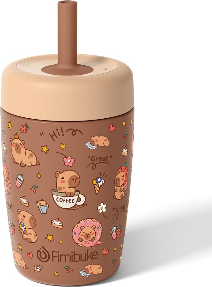 Fimibuke Kids & Toddler Cups Spill Proof, 12 OZ Capybara Insulated Sippy Cups for Toddlers Boys Girls, Toddler Straw Tumbler, Stainless Steel Kids Water Bottle with Twist Lids & Silicone Straw, 1 Pack