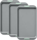 Pyrex 3-Piece Metal Cookie Sheet Bakeware Set, Lightweight Stainless Steel Baking Trays with Heatsafe Silicone Handles, Cookie Sheet Baking Pan, Sage