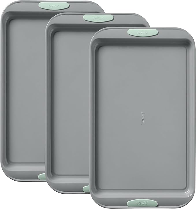 Pyrex 3-Piece Metal Cookie Sheet Bakeware Set, Lightweight Stainless Steel Baking Trays with Heatsafe Silicone Handles, Cookie Sheet Baking Pan, Sage