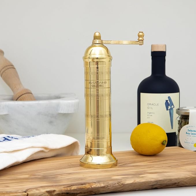 Alexander Home The Original Greek Salt Mill 8 Inch Tall | European Salt Mill Grinder with Crank Handle | Manual Salt Grinder | Salt Refillable - Brass