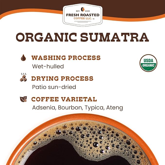 Fresh Roasted Coffee, Organic Sumatra Whole Bean Coffee, Medium Roast, USDA Organic, 100% Single Origin, Kosher, 12 oz