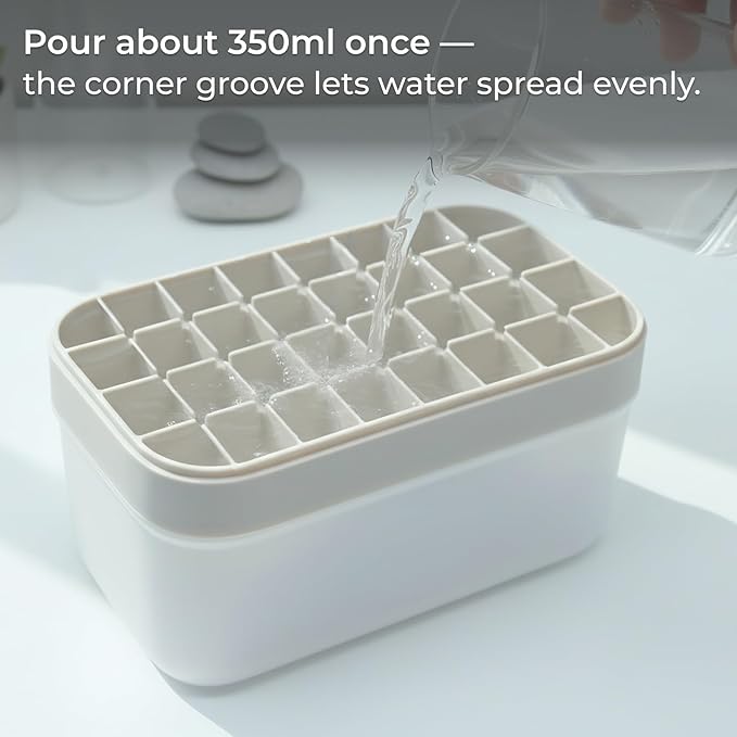 Ice Cube Tray Set with Lid & Bin, 2 Silicone Trays (32-Cube Each, 64 Total), Easy-Release, Stackable, Leak-Proof, Dishwasher Safe, Sand Beige