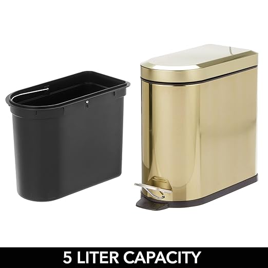 mDesign Small 1.3 Gallon Stainless Steel Metal Step Trash Can Garbage Bin for Bathroom, Bedroom, Home Office, D-Shape Trashcan with Foot Pedal and Lid, Removable Liner Bucket with Handles, Soft Brass