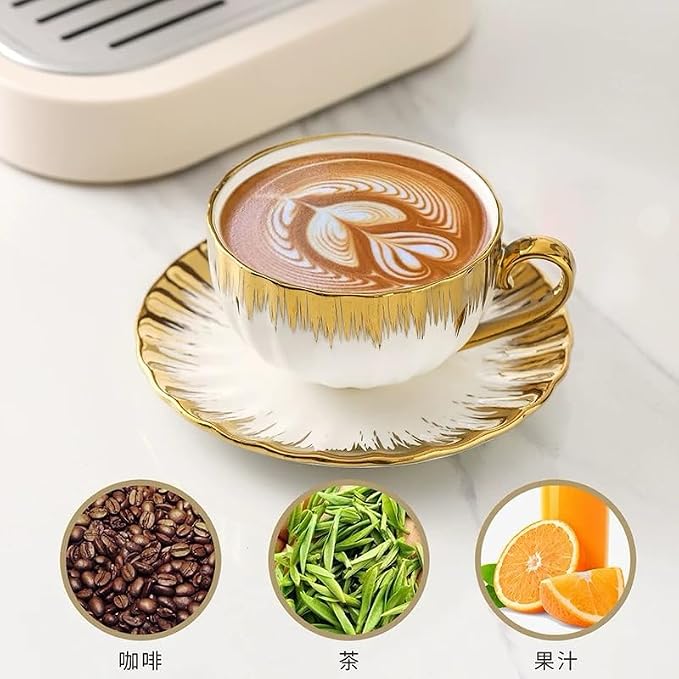 CHANJOON 6 Teacups Tea Tray Spoon Set, 6oz with Galvanized Gold Rim and Gift Box, Ceramic White English Coffee Teacup (gold, medium)