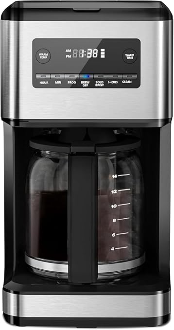 Electactic Coffee Maker, 14-Cup Programmable Drip Coffee Makers with Reusable Filter & Keep Hot Plate, Auto Pause Small Coffee Machines with Coffee Pot, Timer, Self-cleaning, for Home, Stainless Steel