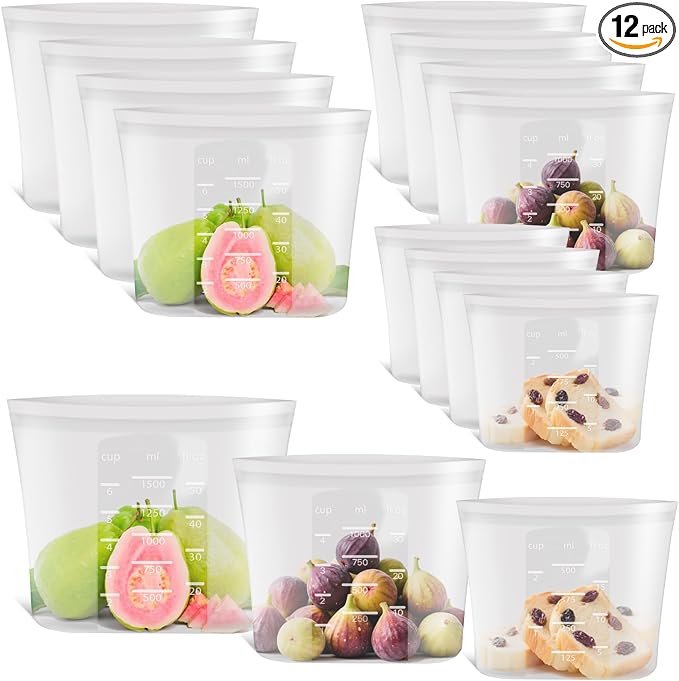 12-Pack Platinum Silicone Reusable Storage Bags, 100% Premium Silicone Stand-Up Wide-Open Zip-Lock Reusable Storage Bags for Food, Freezer Microwave Oven Dishwasher Safe, Crystal-Clear, 4M 4S 4XS