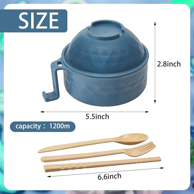 2 Sets Microwave Ramen Bowl 40 oz Wheat Fiber Portable Instant Noodle Cooker Bowl with Handles Strainer Spoon Chopstick Fork College Dorm Room Apartment Essentials(Gray,Dark Blue)