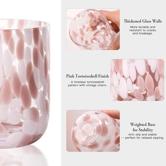 Pink Tortoise Shell Drinking Glasses Set of 4, Pink Drinking Glasses,10oz 15oz Mix Glass Cups Tortoise Shell Tumbler Cups for Wine & Drinks, Mothers Day Gifts,Gifts for My Wife (4, Mixed)