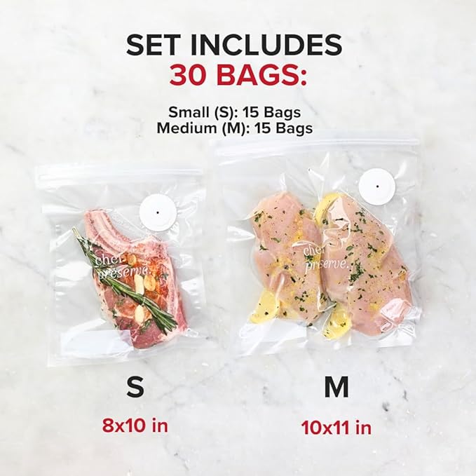 Chef Preserve Reusable Vacuum Sealer Bags for Food – 30 BPA-Free Food Storage Bags, Freezer, Microwave – Odor-Resistant, Leak-Proof – Compatible with Chef Preserve Vacuum Sealers