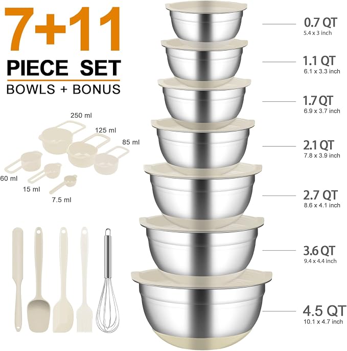 CHAREADA Mixing Bowls with Airtight Lids, 18pcs Stainless Steel Nesting Colorful Mixing Bowls Set Non-slip Silicone Bottom, Size 4.5, 3.6, 2.7, 2.1, 1.7, 1.1, 0.7 qt, Fit for Mixing & Serving (Khaki)