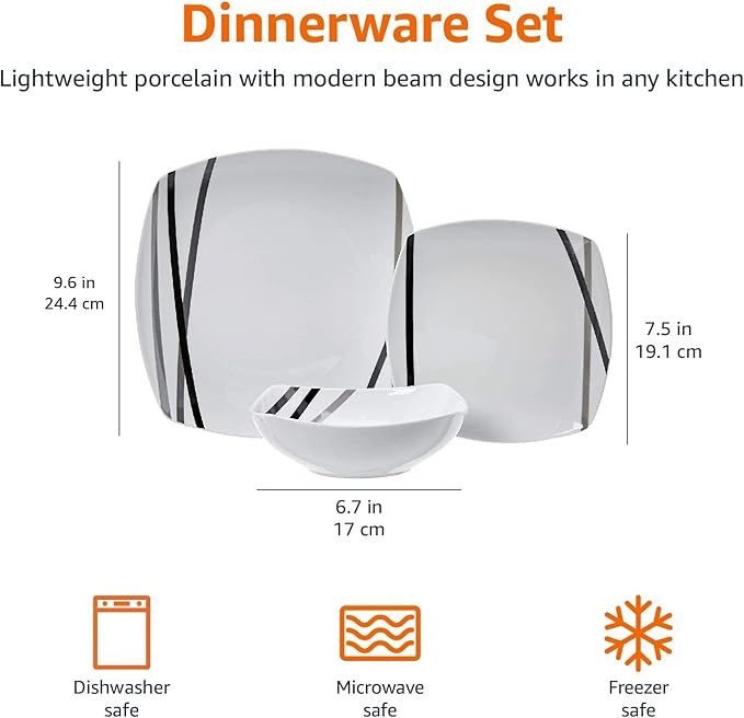 Amazon Basics Square Dinnerware Set for 6, Plates and Bowls for Kitchen, 18-Piece, Dishwasher and Microwave Safe, Modern Beams