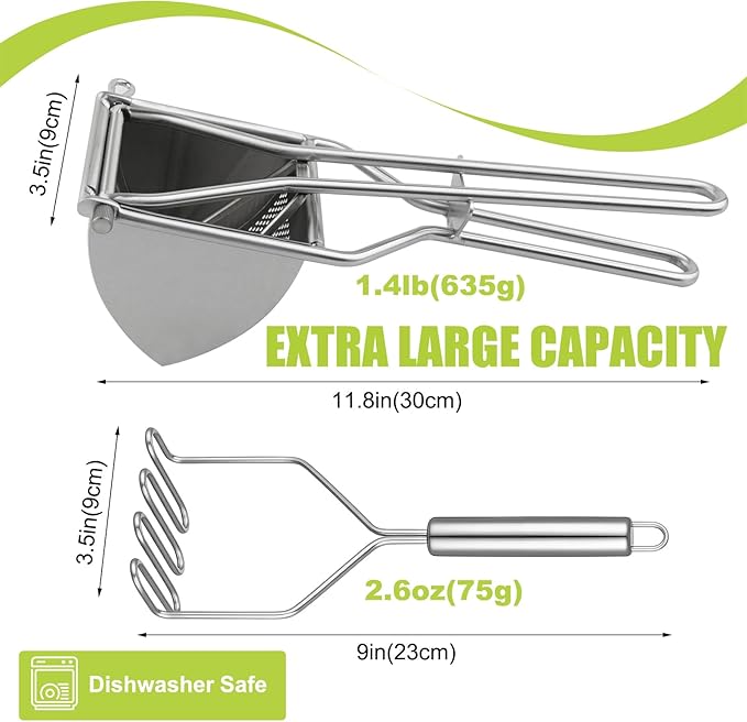 Potato Ricer Set,Heavy Duty Stainless Steel Potato Masher and Ricer for Mashed Potatoes,Vegetables, Professional Kitchen Tool, Press, Large Masher, Press and Mash for Baby Food, Fruit Juices