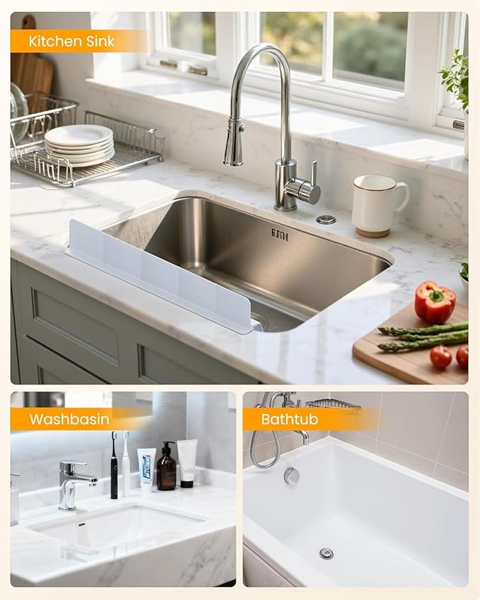Kitchen Sink Splash Guard 18" 23" 30" Silicone Water Guard with Strong Suction Cups, Faucet & Countertop Protector, Bathroom & Sink Edge Splash Guard Strip, Dishwasher Safe-Grey 18"