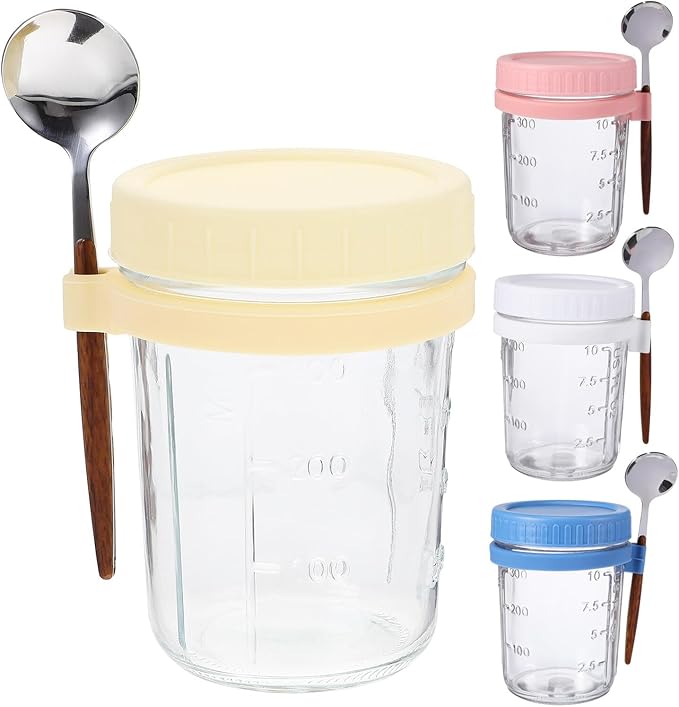 Garneck 4pcs Glass Overnight Oats Containers with Airtight Lids and Integrated Spoon Holder Reusable Yogurt Jars for Milk Cereal Fruit Storage Transparent Meal Prep Jars