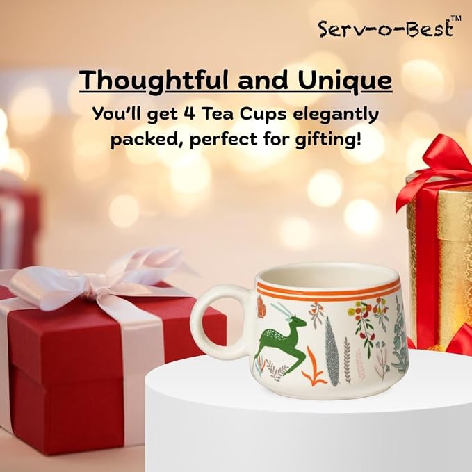 Servo Best Handmade Cermaic Tea Cup Set of 4-5 Oz Small Cups for Espresso, Cappuccino, Tea, Chai – Dishwasher & Microwave Safe – Gift Set for Coffee Lovers, Kitchen, Home, Office - Multicolor Jungle