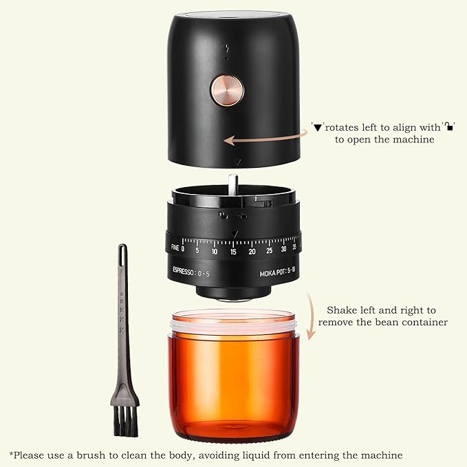 Portable Electric Burr Coffee Grinder by ELMWAY - Rechargeable Mini Coffee Grinder with Stainless Steel Burr & External Coarseness Adjustment, Compact for Travel & Home Use - Black