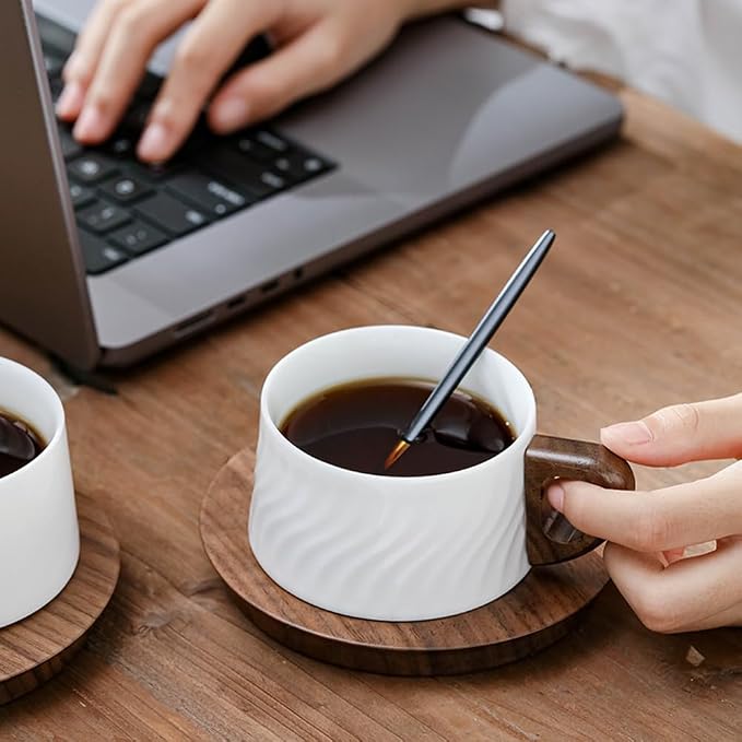 5oz/150ml Cappuccino Cup and Saucer Set, White Porcelain Cup with Walnut Wood Saucer, Espresso Coffee Mug, set of 1 (SYJ-TC002)
