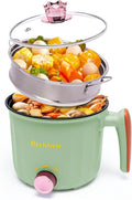Hot Pot Electric with Steamer, Rapid Noodles Cooker,Non-Stick Electric Pot for Raman, Soup, Noodles, Steak, Oatmeal, Rapid, with Temperature control, (Rotary switch), 1.8L,Green
