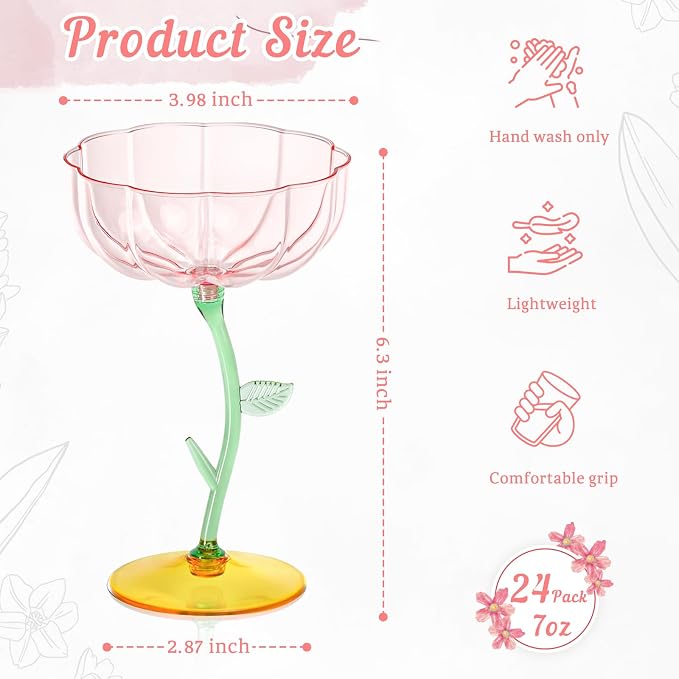 24 Pcs Pink Plastic Ribbed Coupe Glasses Detachable 7oz Flower Cocktail Glasses Modern Wavy Plastic Cocktail Coupes Disposable Martini Glasses Mimosa Glassware Champagne Goblets (24, PInk)