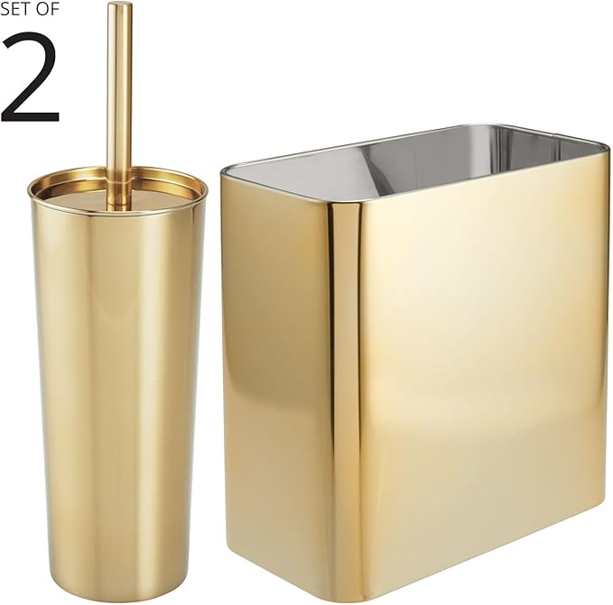 mDesign Modern Compact Freestanding MetalToilet Bowl Brush and Rectangle Open Wastebasket Garbage Can Combo Set for Bathroom Storage - Sturdy, Deep Cleaning - Set of 2 - Brass