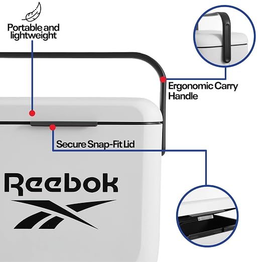Reebok 8L Hard Cooler, Officially Licensed Portable Cooler Ice Chest with Handle, Holds 12 Cans, 12-Hour Ice Retention,White