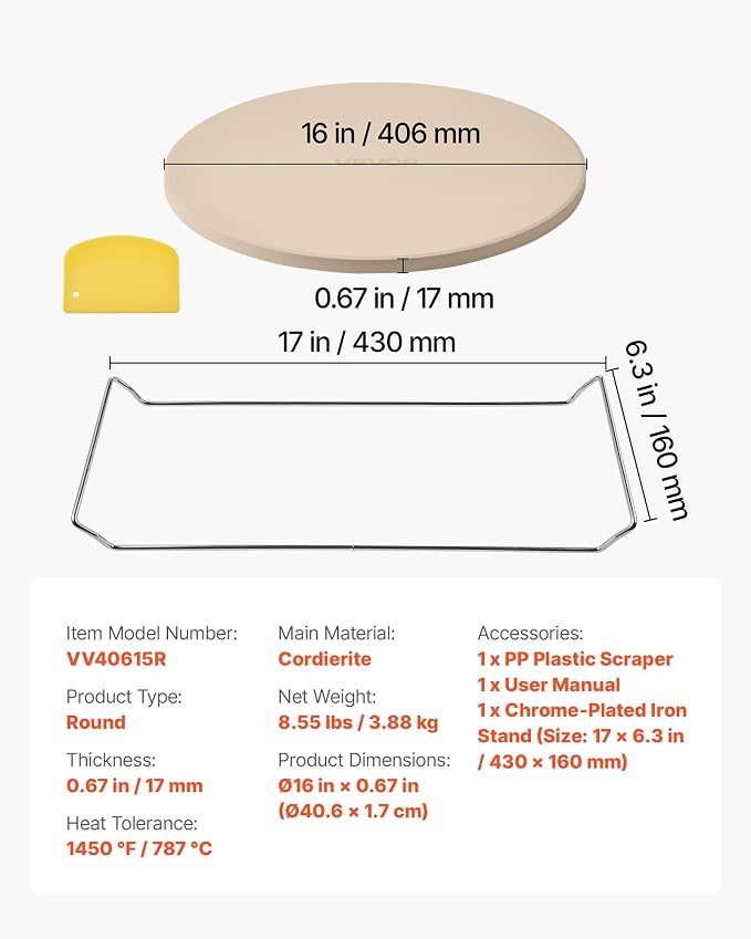 VEVOR Pizza Stone, 16 in Round Pizza Stone, 0.67" Thick Extra Large Baking-Stone with Rack Stand, 1450℉ Heat-Resistant Cooking Stones, for Kitchen Oven, Baking Pizzas, BBQ Grill