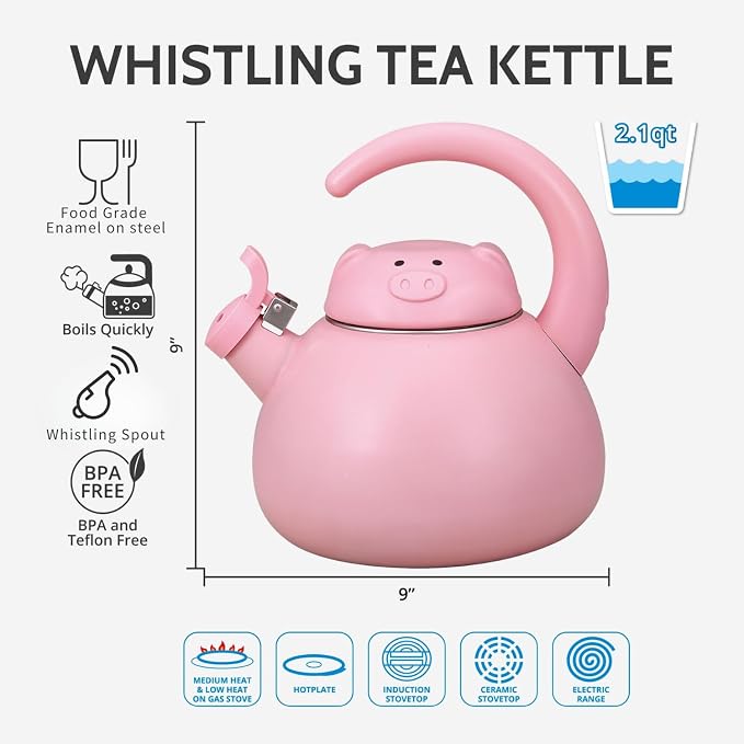 Whistling Tea Kettle for Stove Top Enamel on Steel Teakettle, Supreme Housewares Pink Pig Design Teapot Water Kettle Cute Kitchen Accessories Teteras (2.1 Quart, Pink Pig)