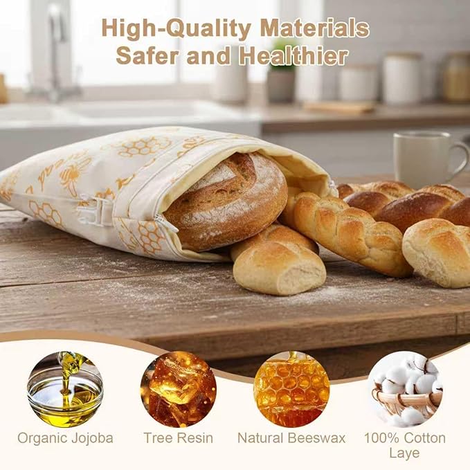 Reusable Beeswax Bread Bags for Homemade Bread with Zipper,Cotton Sourdough Bread Storage Bags,Airtight Freshness Keeper Bakery Essentials (2 Packs)