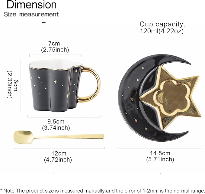 4.2 Ounce Irregular Ceramic Coffee Cup,Gold Plate Handle Mug,Moon and Star Shape Coffee Tea Cup and Saucer Sets with spoon,for Cappuccino,Tea,Cocoa,Cereal,Hot Chocolate (Black with Golden)