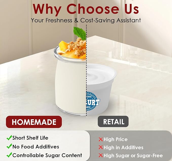 Suteck Yogurt Maker - Stainless Steel Yogurt Makers with Adjustable Time & Temp Control，Automatic Shut-Off & Constant Temper for Homemade Greek, Probiotic Yogurt, BPA-Free 8 Glass Jars (48 oz)