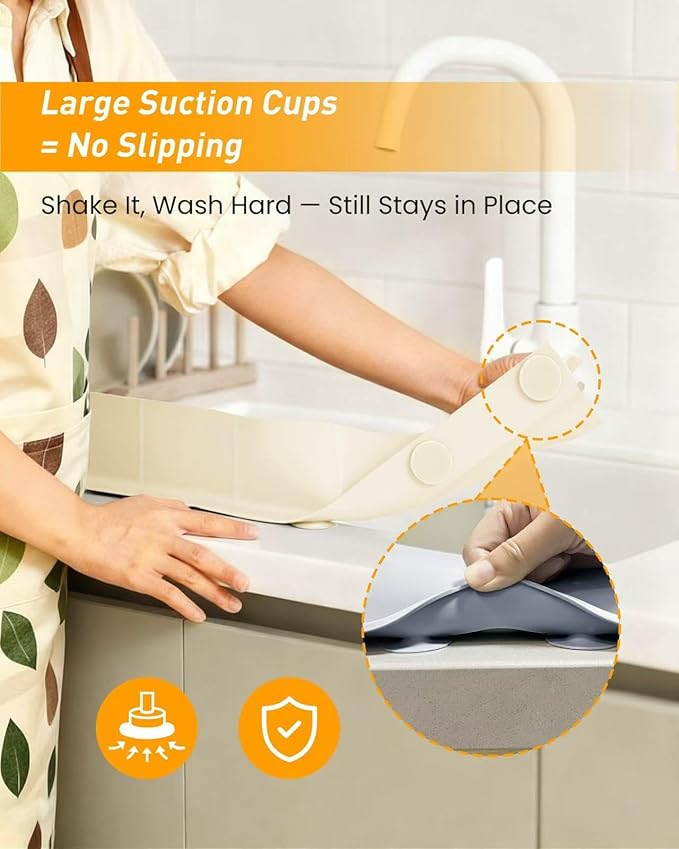 Kitchen Sink Splash Guard 18" Silicone Water Guard with Strong Suction Cups, Faucet & Countertop Protector, Bathroom & Sink Edge Splash Guard Strip, Easy Install, Dishwasher Safe-Cream