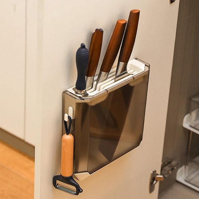 Zerodis Kitchen Knife Holder, Multi Slot Knife Organizer, Plastic Wall Mount, Knife Storage, Easy to Use, Water Tray, Side Hooks, Space Saving, Gray