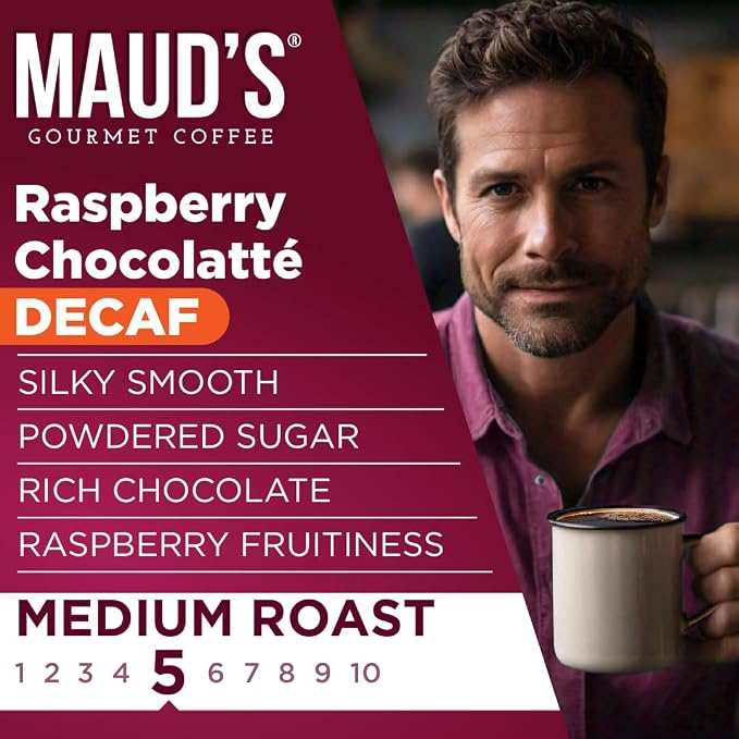 Maud's Decaf Raspberry Chocolate Flavored Coffee Pods, 18 ct, Decaffeinated Medium Roast Flavored Coffee in Single Serve Pods – 100% Arabica Beans, Compatible with Keurig K Cups Maker