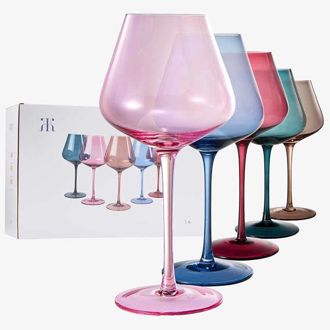 Khen Flower Blooms Colored Crystal Wine Glass Set of 5, Large 20 OZ Stemmed Glasses, Italian Style Tall Drinkware for Red & White Wine, Water, Dinner, Beautiful Gift Glassware