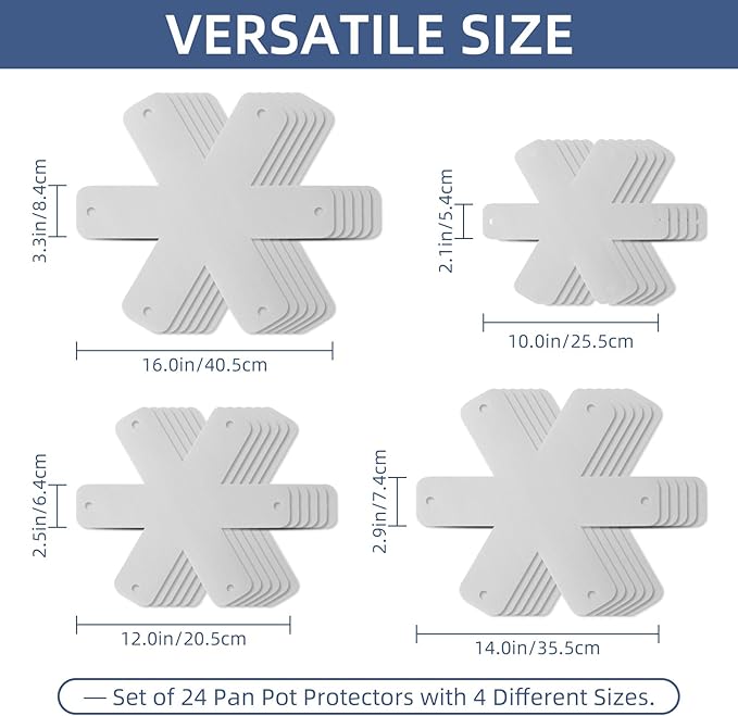 Pot and Pan Protectors, Set of 24 and 4 Different Sizes (10" 12" 14" 16") Felt Pan Separators Pads Pot Dividers Pads for Stacking and Protecting Pots and Pans, White