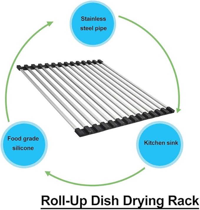 Roll Up Dish Drying Rack Over The Sink Dish Drying Rack Made of Stainless Steel and Silicone Coat Fruit and Vegetable Drying，for Kitchen Sink(34 * 33cm/13.39 * 13inch)