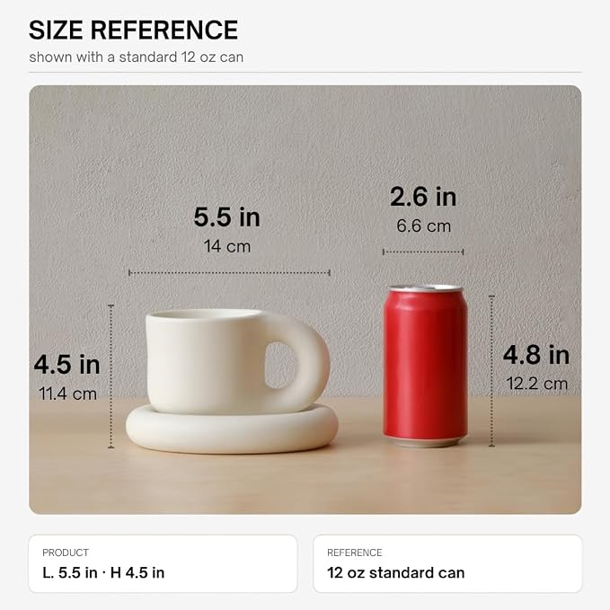 WENSHUO Chubby Funny Coffee Mug, Novelty Cute Cup and Saucer, Matte Crème, 9 oz (Matte Crème)