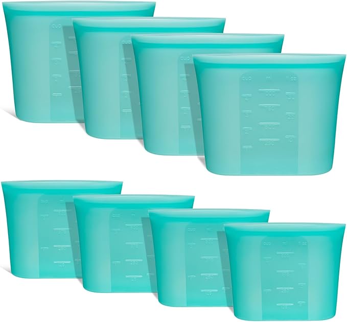 Bundle of 4 Pack 100% Silicone Reusable Food Storage Bags 33.8oz Aqua + 4 Pack 100% Silicone Reusable Food Storage Bags 16oz Aqua