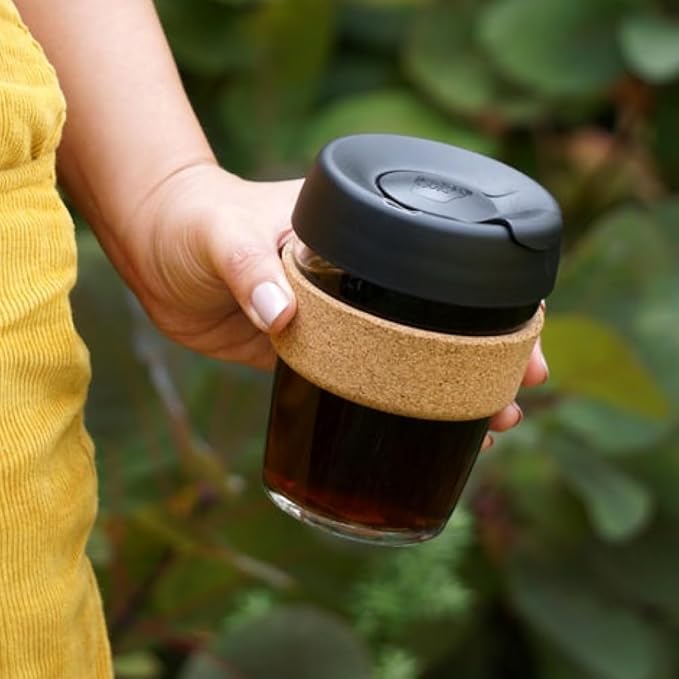 KeepCup Brew Cork, Reusable Glass Tumbler with Natural Cork, Grande Coffee Cup 16oz/454ml - Black